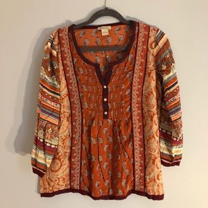 Lucky Brand Paisley Embroidered 3/4 Sleeve Top